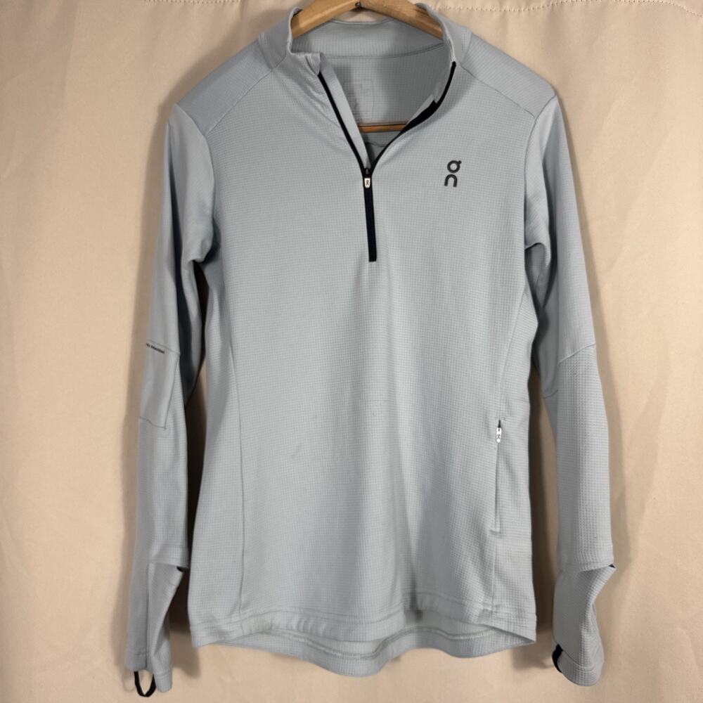 On Running Women’s Small 1/2 Zip Running Top Blue Long Sleeve Thumbholes Pocket